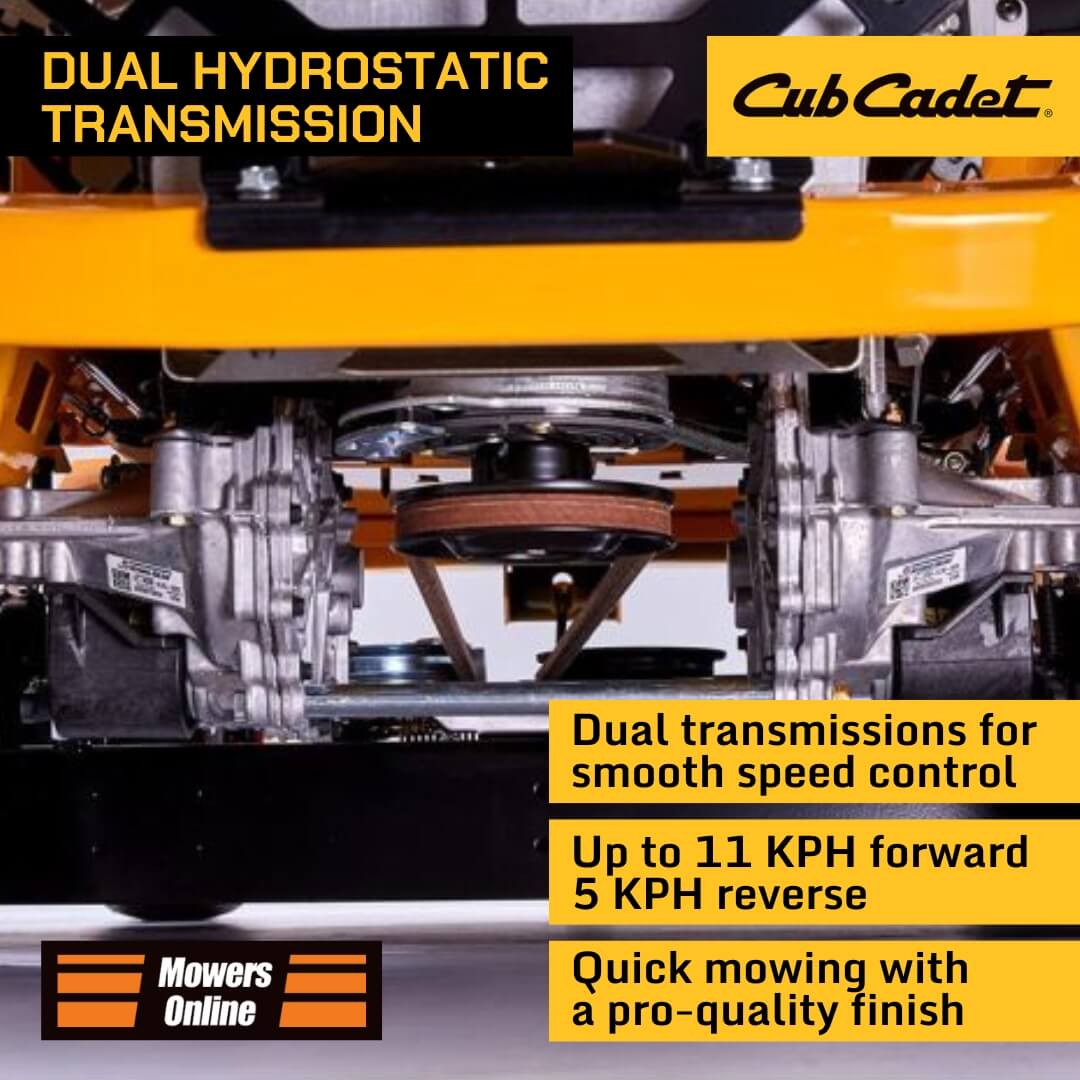 Cub Cadet dual hydrostatic transmission with specifications on a white background