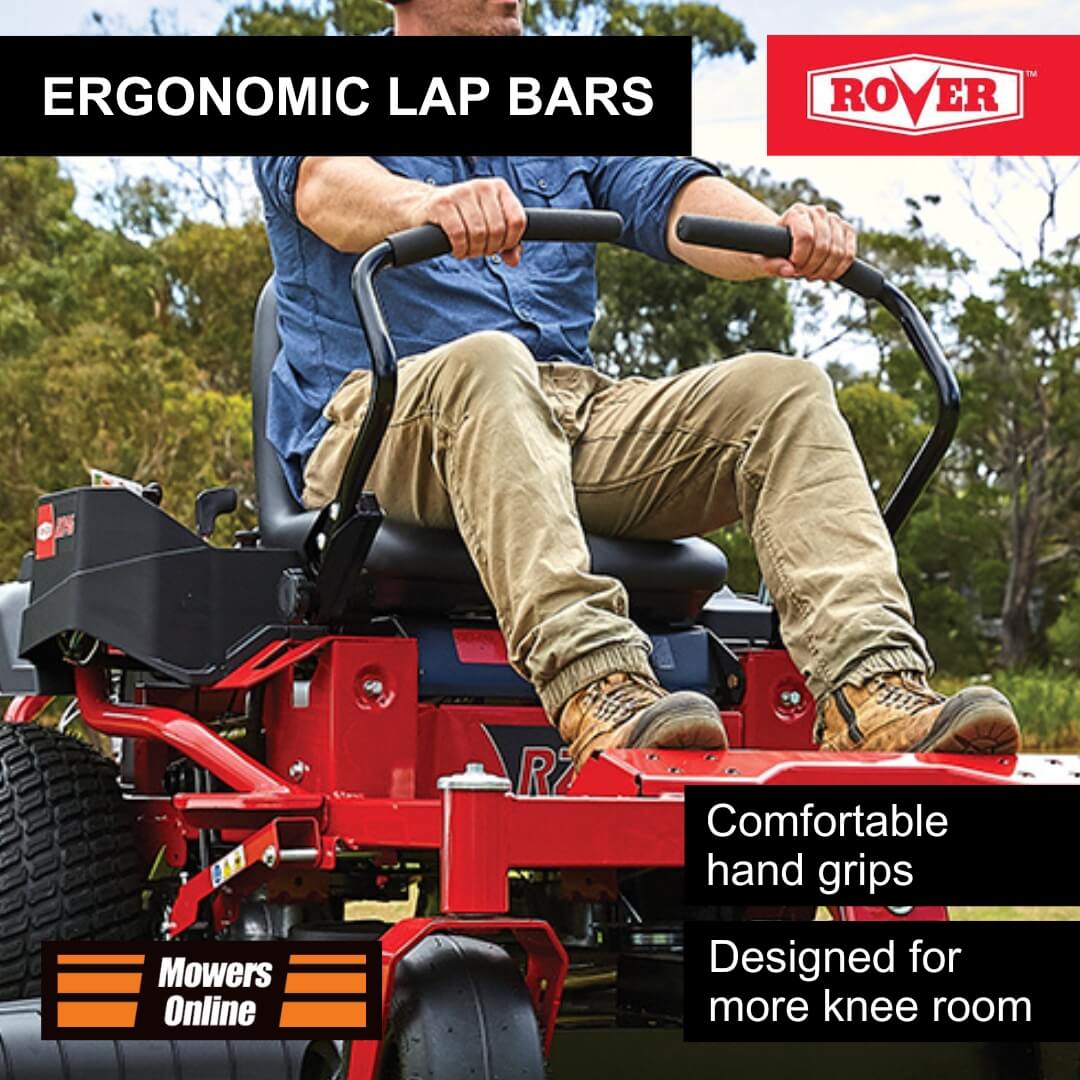 Person using a red riding lawn mower with ergonomic lap bars, featuring the Rover brand.