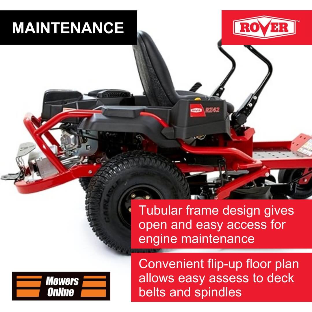Red and black zero-turn mower with text about maintenance features on a white background