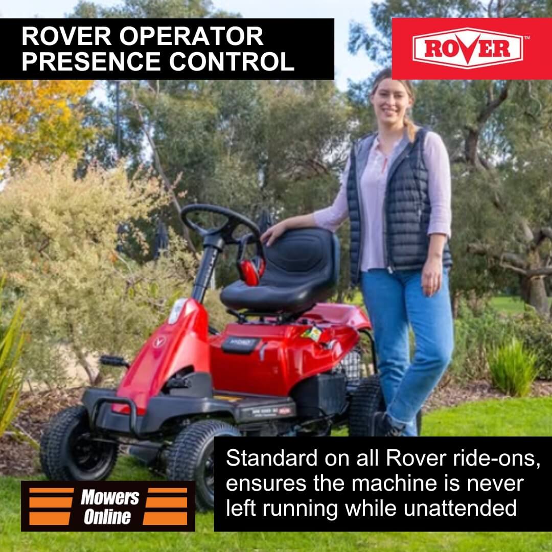 Woman standing next to a red Rover ride-on mower with text about presence control system.