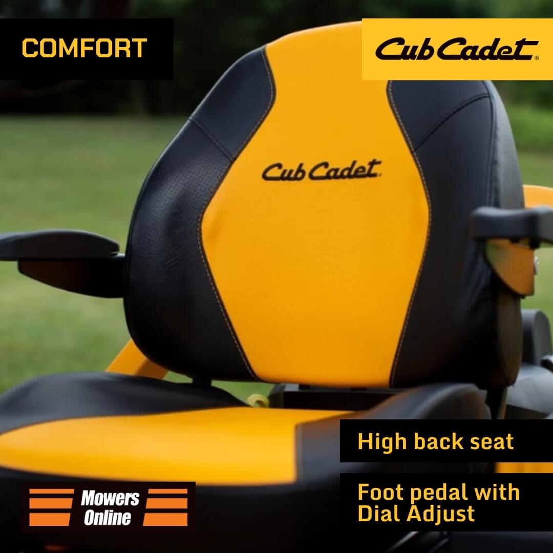 Cub Cadet high back seat with foot pedal and dial adjust feature on a grassy background