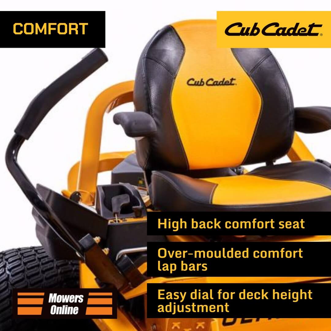 Cub Cadet high back comfort seat with features highlighted on a white background