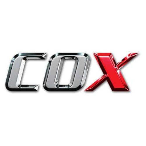 Logo with 'COX' in metallic silver and red on a white background