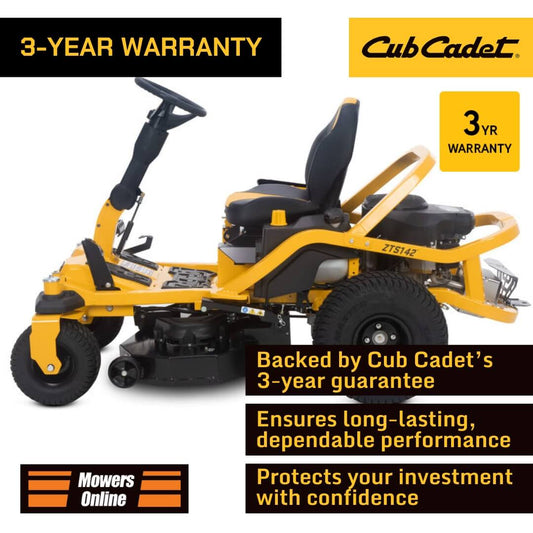 Yellow Cub Cadet lawn mower with warranty information on a white background