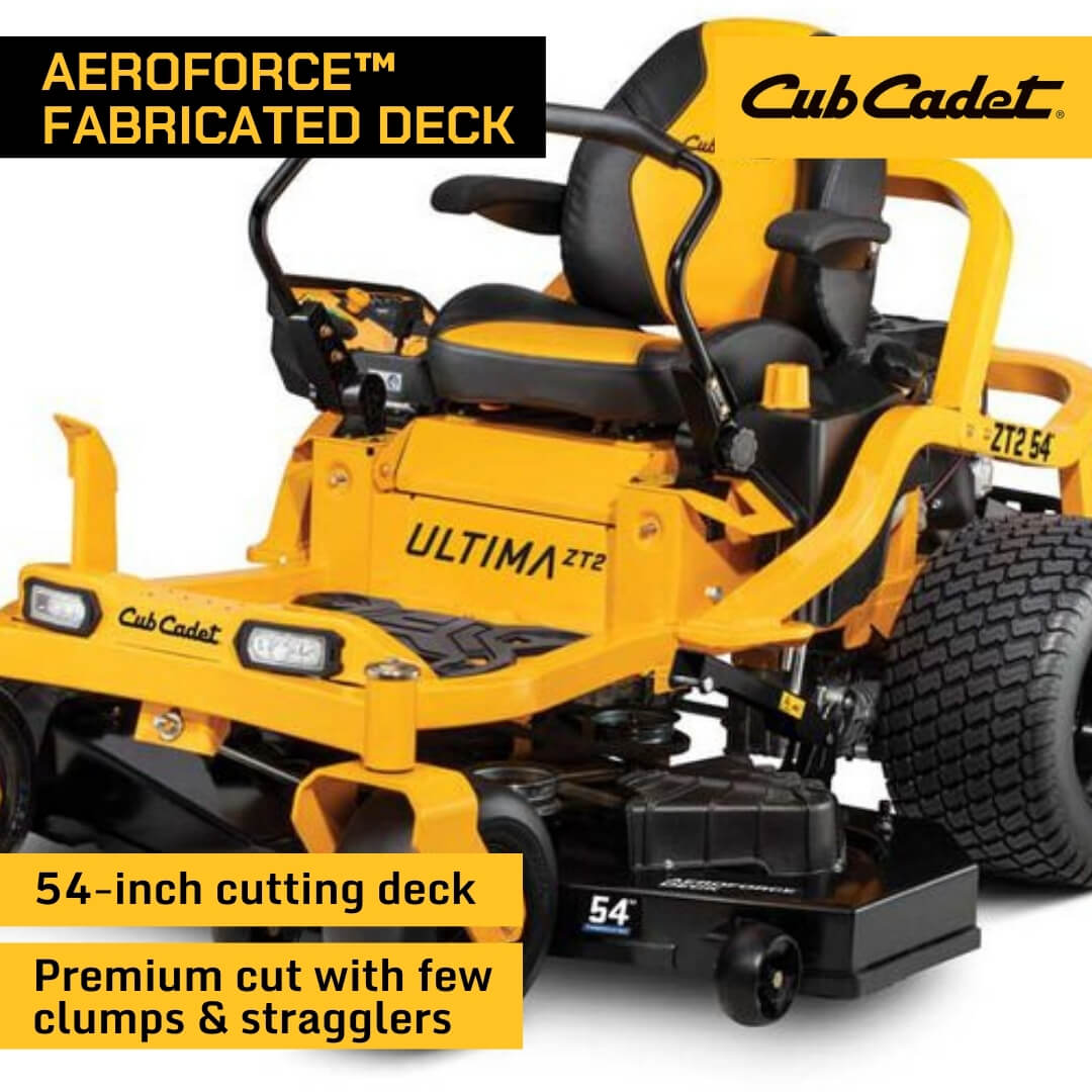 Yellow Cub Cadet lawn mower with text highlighting features on a white background