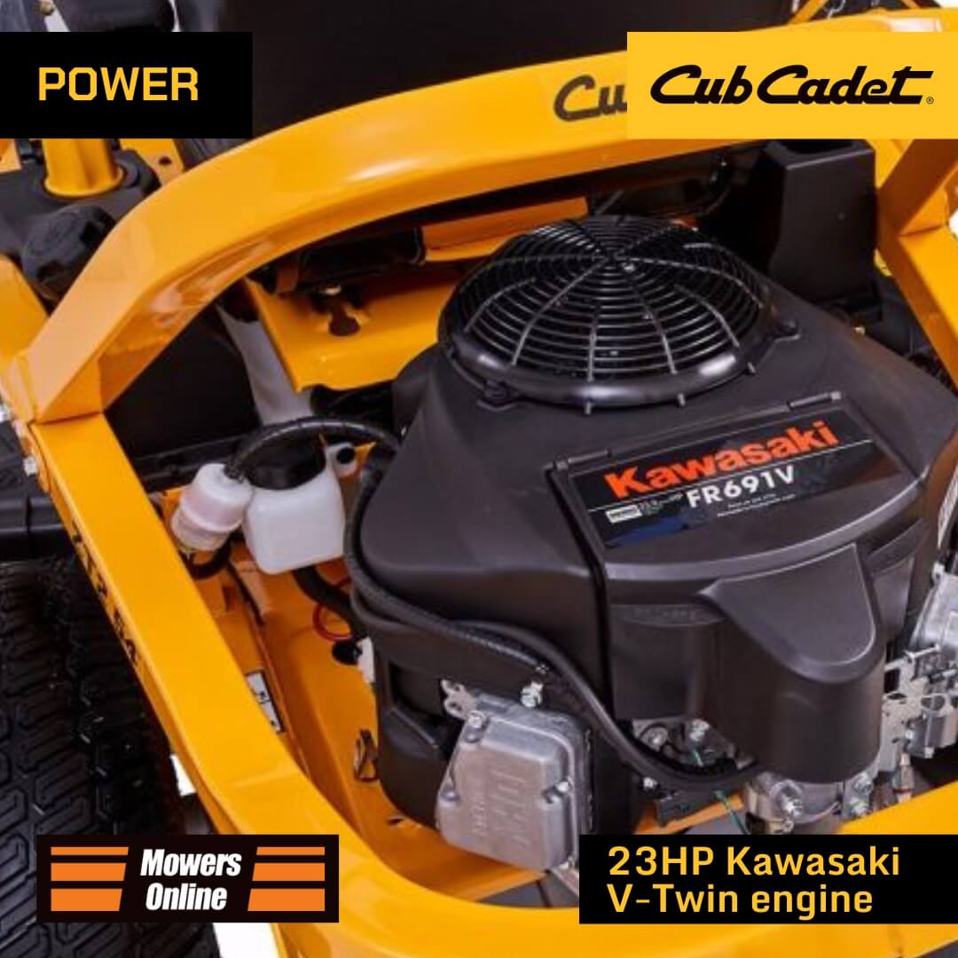 Cub Cadet lawn mower engine with Kawasaki FR691V engine, featuring brand logos and text.