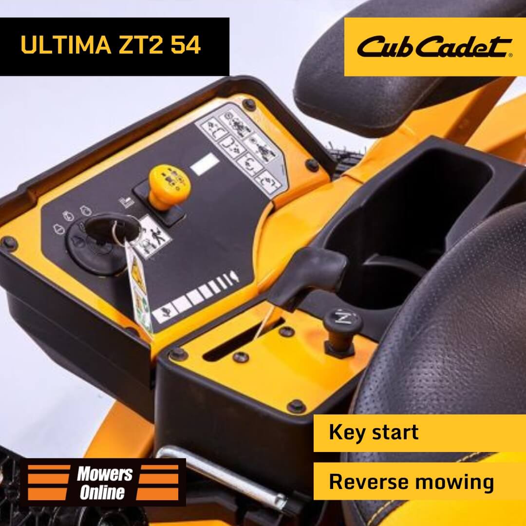 Cub Cadet lawn mower with key start and reverse mowing features on a white background
