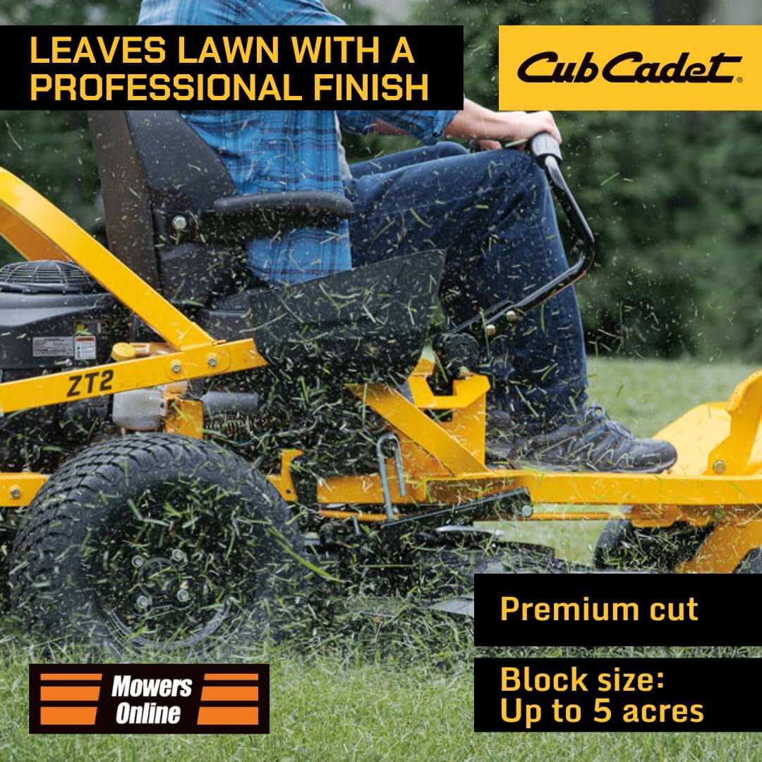 Person operating a Cub Cadet lawn mower with text highlighting features and branding.