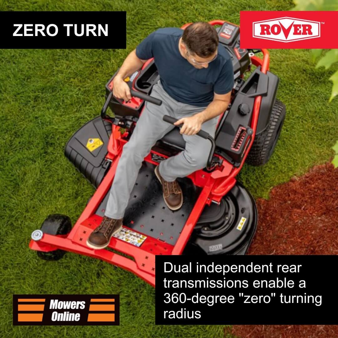 Man operating a red Rover zero turn lawn mower on grass with text highlighting feature.