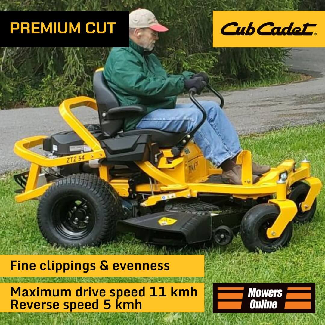 Man operating a Cub Cadet mower with product features highlighted