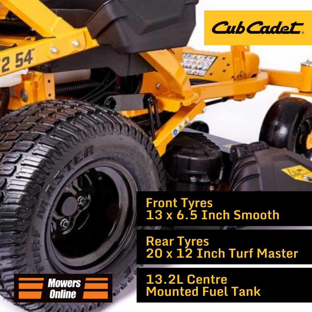 Close-up of a Cub Cadet lawn mower with specifications displayed.