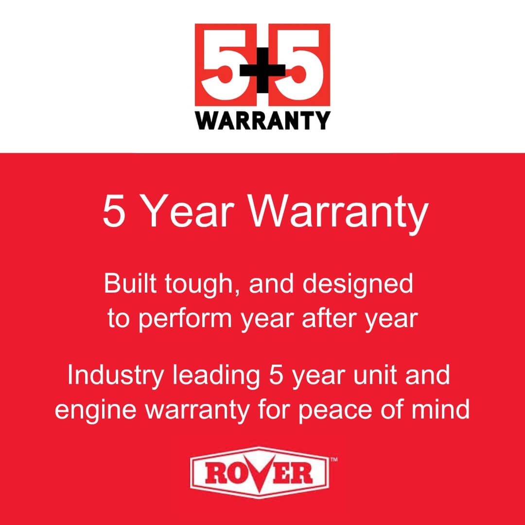 5+5 Warranty advertisement with Rover logo on a red background