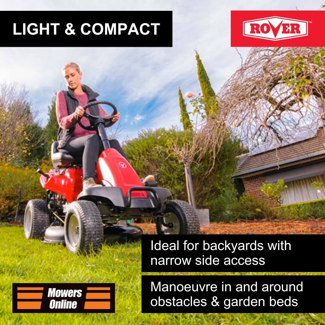 Person using a red Rover lawn mower in a backyard with text highlighting features.