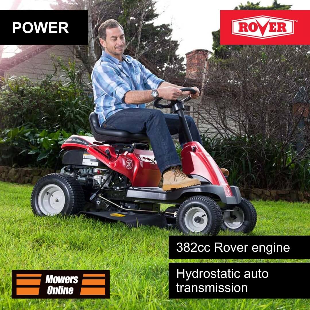 Man operating a red Rover lawn mower on grass with branding and product details displayed.