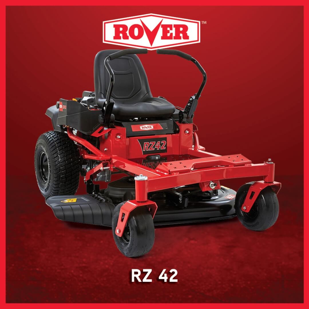 Red riding lawn mower with 'Rover' branding on a red background