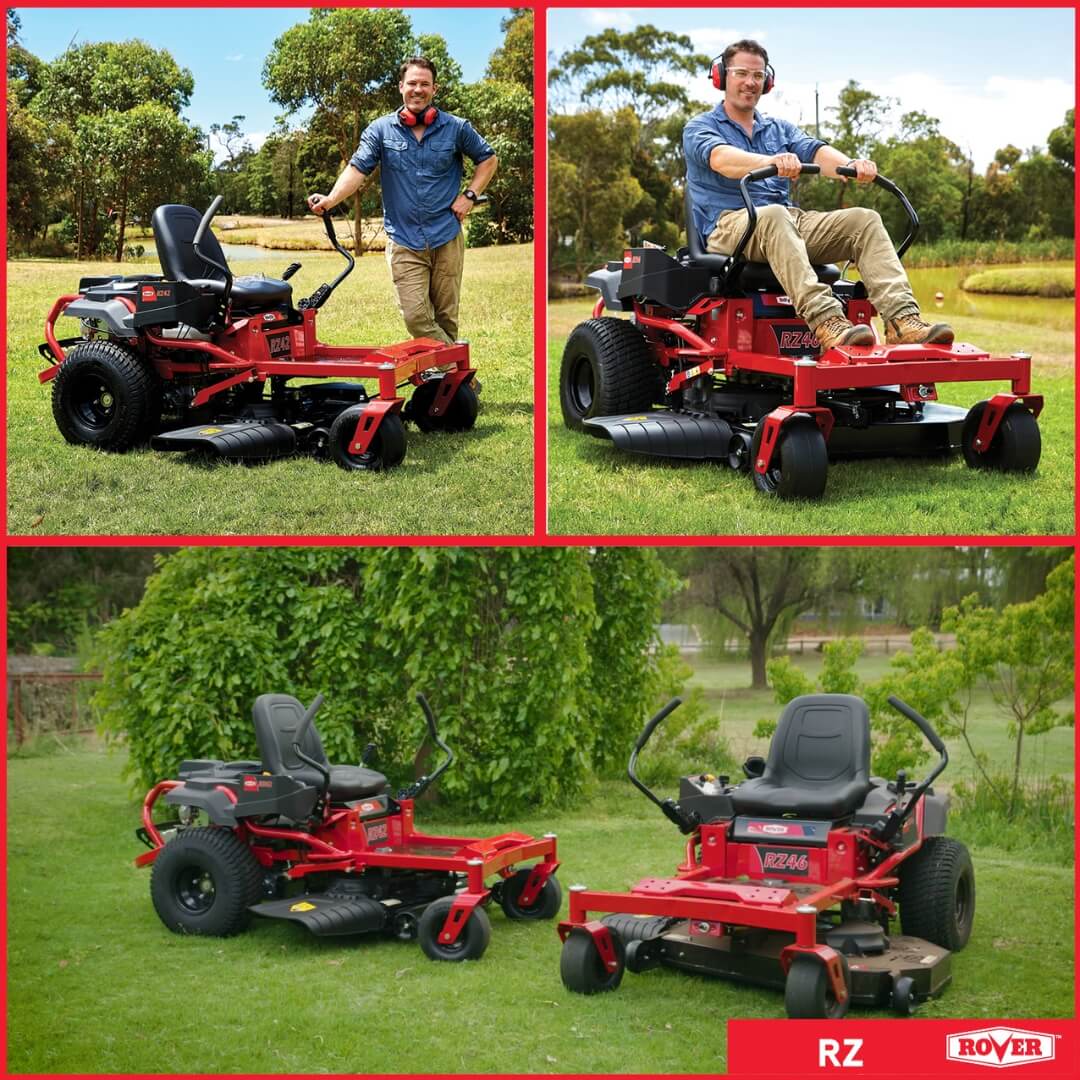 Red riding lawn mower with a man operating it in a grassy area, surrounded by trees.