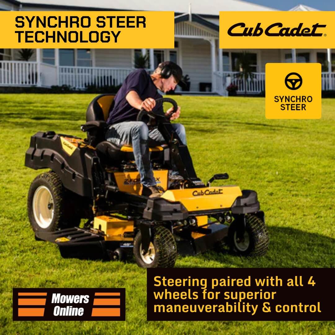 Person operating a Cub Cadet riding lawn mower with Synchro Steer Technology on a grassy area.