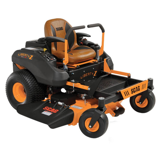 Orange and black SCAG 36 inch riding lawn mower on a white background