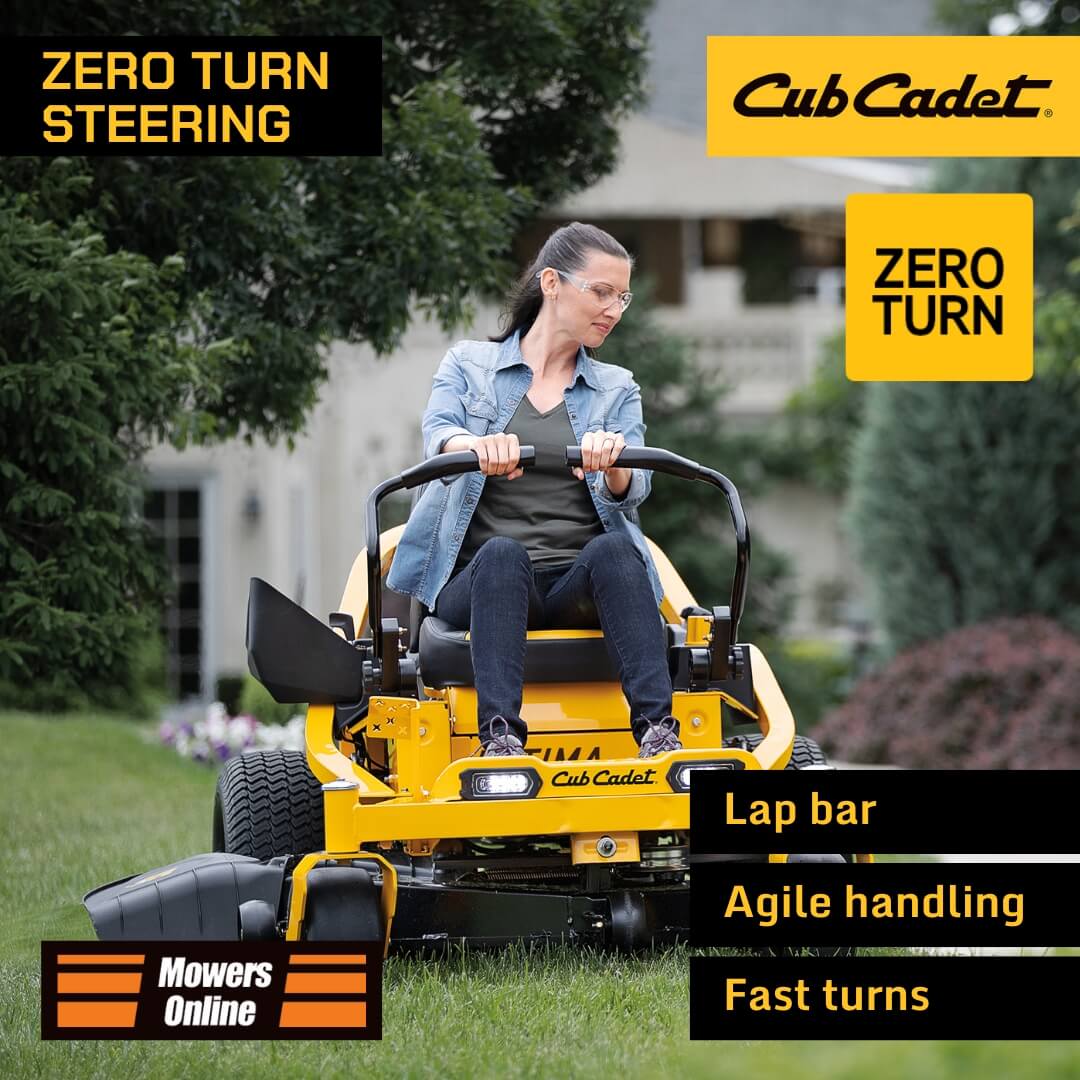 Woman operating a Cub Cadet zero turn mower with product features highlighted.